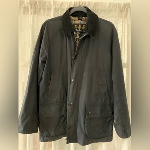 Like new Barbour Ashby navy waxed cotton jacket; size medium, trim fit.